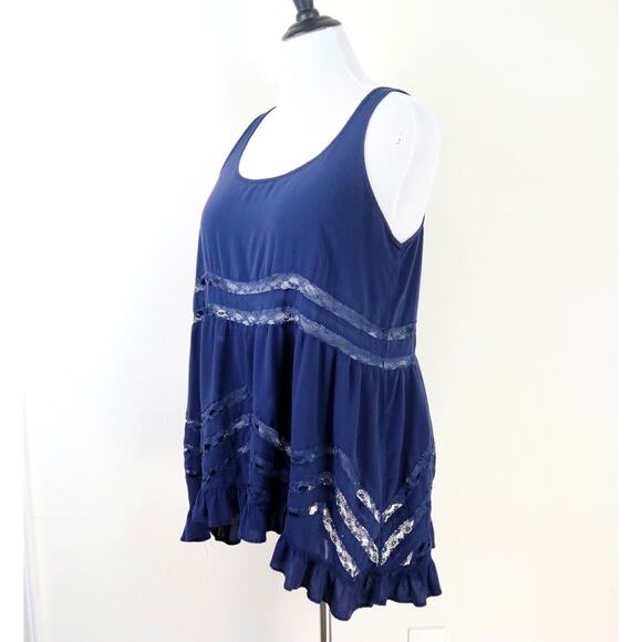Torrid Size 0 / L Challis Hi Lo Ruffle Tank Top Tunic Navy Blue Lace - Picture 1 of 11